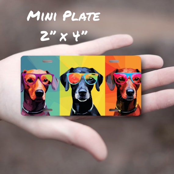 Dogs Mini Name Tag - Neon Pop Art - Kids Room Decor - Small Metal Wall Sign - Scooter Tag, Bike License Plate -Dog in Sunglasses -Kennel Tag