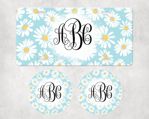 Classic White Daisies - Monogram Car Accessories - Coasters, license plate, air freshener - Personalize with initials - Custom Gift for Her