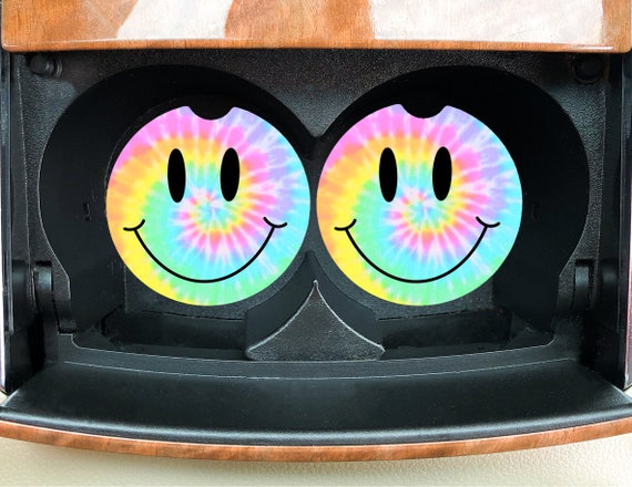 Smiley Face Drink Coasters - Car Accessories - retro 70s Hippie - Tie Dye emoji - Coffee Table, Kitchen Counter, Bar - Home Drink Decor