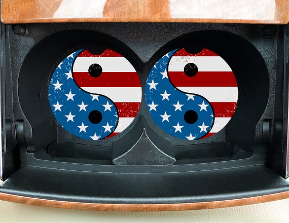 Yin Yang Grunge American Flag Car Coasters set of 2 - Patriotic Rustic Distressed - Labor Day Picnic Decor - USA Bling