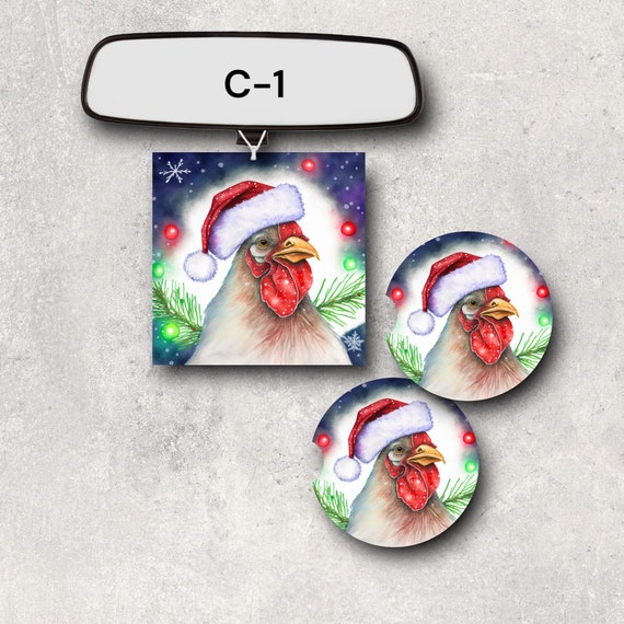 Christmas Chickens with Santa Hats - Rooster Car Coasters, Hen Air Freshener Stocking Stuffer gift sets - Farmhouse, Barnyard Animal decor