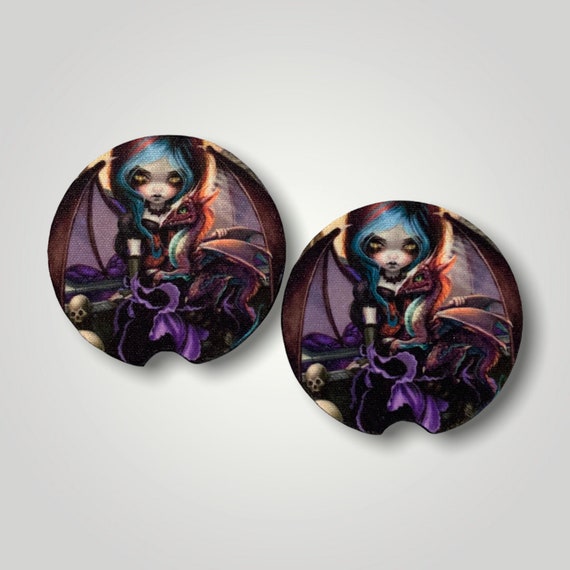 Vampire Dragonling Car Coasters - Dark Fairy Nymph with Dragon - Gothic Fantasy Art - Vampyre - Jasmine Becket-Griffith - Drink Coasters