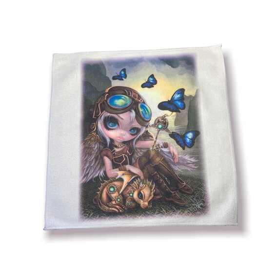 Steampunk Fairy Towel- Gothic Fantasy Computer Screen Cleaning Cloth, Bar Rag - Whimsical Gift for Women - Clockwork Dragonling Butterflies