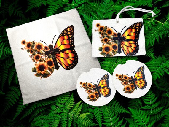 Butterfly Car Accessories -Monarch Sunflowers - FAITH Inspirational gifts - Save the Butterflies! Church Summer Picnic Decor, Fundraiser