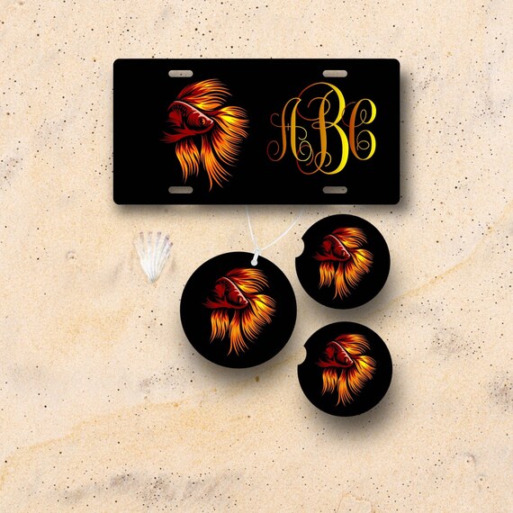 Betta Fish Car Accessories - Personalized - Gold Siamese Fighting Fish Coasters, license plate, air freshener - Gift for Friend - Beta