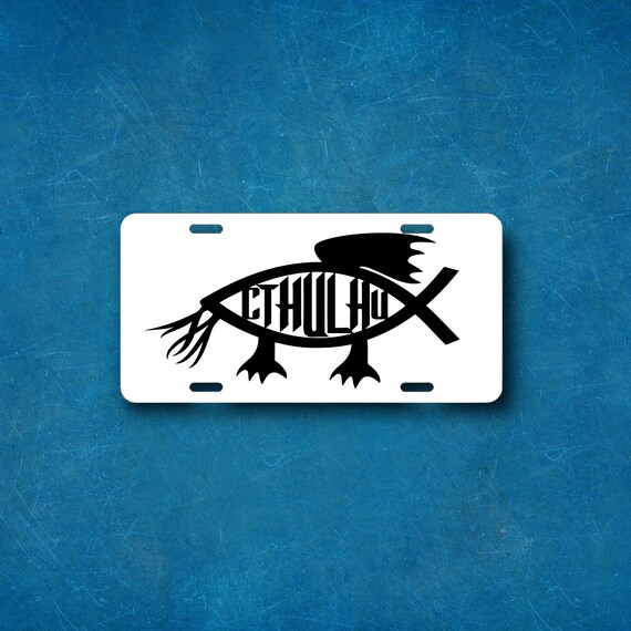 Cthulhu License Plate car tag - Call of Cthulhu -Darwin evolutio—  Arkham Miskatonic - HP Lovecraft Horror - Jesus Fish Parody - DND RPG