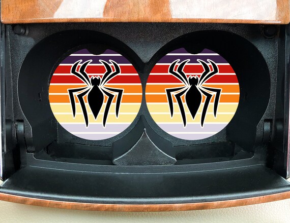 Spider Silhouette Car Coasters, Drink Coasters - Retro Vintage Sunset - Man Cave Home Decor - Father’s Day Dad Gift for Him - Garden Spider