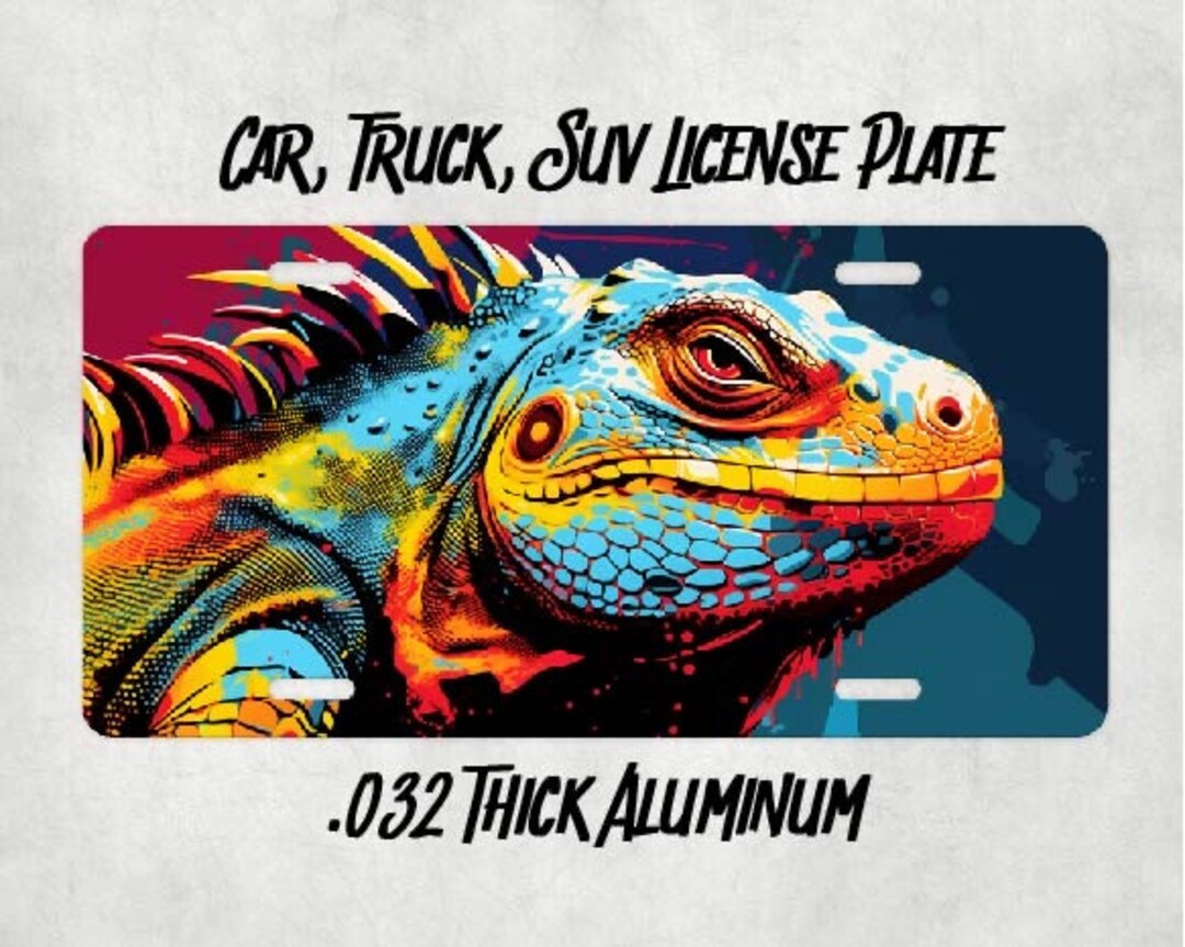 Iguana Pop Art License Plate Vibrant Watercolor Lizard Artwork Aluminum