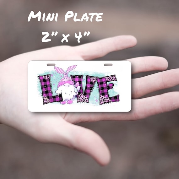 LOVE Gnome Mini Plate - Easter Bunny Kids Room Nursery Decor, Wall Sign -Spring Rabbit Scooter Tag, Bike Name Plate, Tricycle License Plate
