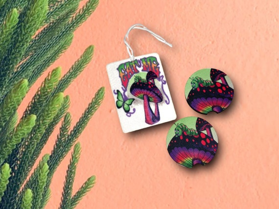 Eat Me Mushrooms Alice in Wonderland Car accessories set - Caterpillar Coasters, Air Freshener, Towel, Keychain - Retro Hippie Bundle