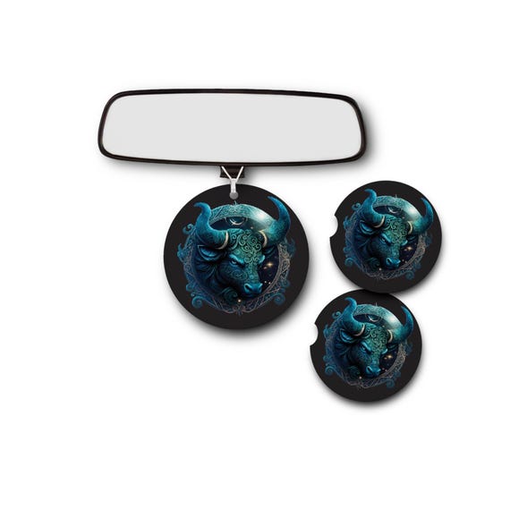 Taurus Zodiac car Accessories - Coasters, Air Freshener - Celestial April 20th to May 20th Birthdays - The Bull gift set