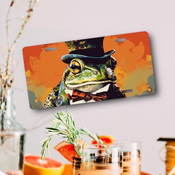 Frog License Plate - neon pop art vibrant watercolor artwork - Formal Amphibian Aluminum Sublimated Car Tag - Dignified Toad in a Top Hat