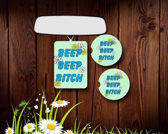 Green Beep Bitch Car Accessories -Coasters, Air Freshener Funky Retro Hippie Birthday Christmas gift for Her Daisies Cheeky Girl Power