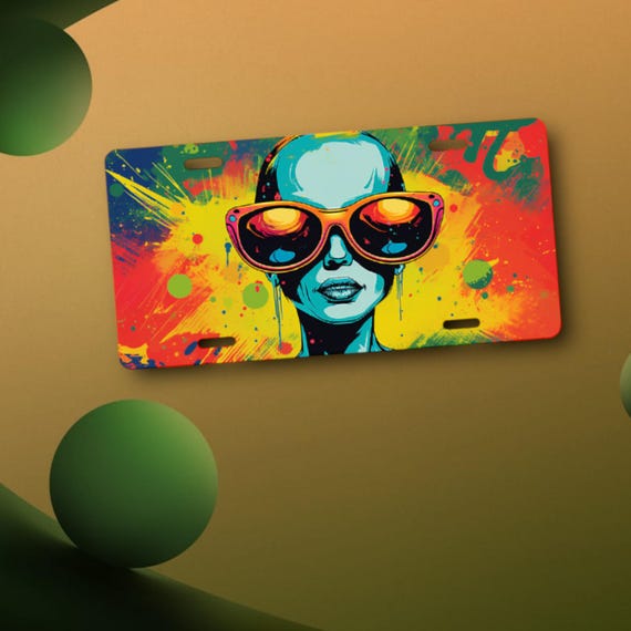 Alien License Plate - Chic Blue Girl in Sunglasses - Neon Pop Art Bar sign - Metal Wall Art - She Shed Decor - Birthday Gift for Her