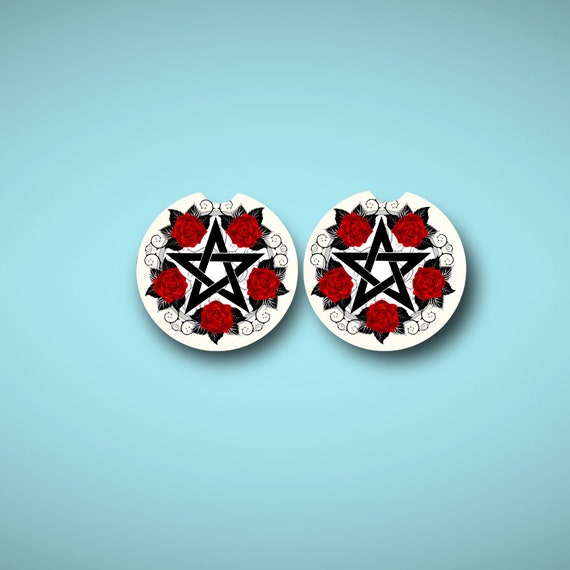 Cute Wiccan Pentagram Star, Gothic Red Roses - Spring Floral Car Coasters - Magical Protection Gift Set - Celtic Flowers