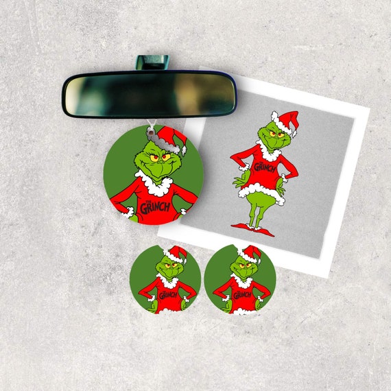 Grinch Christmas Gift Set - Car Accessories - drink Coasters, soft glass screen cleaning cloth - stocking stuffers, holiday gift tags