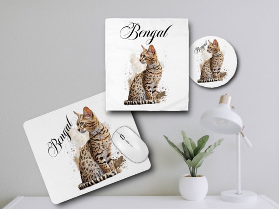 Bengal Cat Office Desk Accessories - Custom Mousepad, Computer Cloth, Drink Coasters - Cat Lover, Pet Sitter, Rescue - Personalized gift