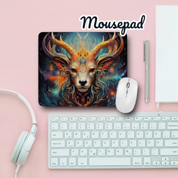Deer Mouse Pad - Psychedelic Fantasy Watercolor Art - Hunting Cabin Decor - Birthday Gift for Hunter - Norse Forest Gods - Woodland Animals