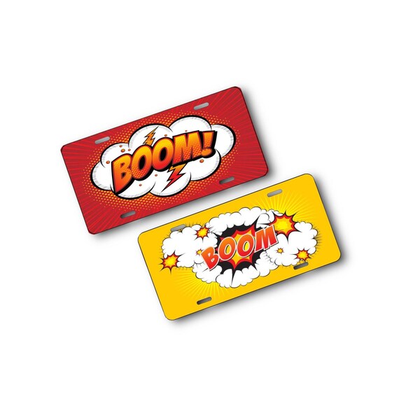 Comic License Plate - Cartoon Boom Word Bubble Car Tag - ATV, Golf Cart, Motorcycle, Bike Plate - Kids mini tag for Bigwheel, Wheelchair tag