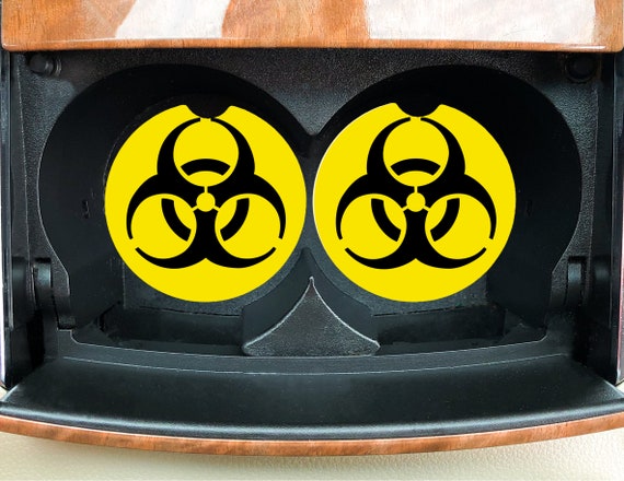 Bio Hazard Car Coasters gift set of 2 - emergency signs, danger symbol - Man Cave Decor, Bar ware Drink Coasters for Him - Fathers Day Dad