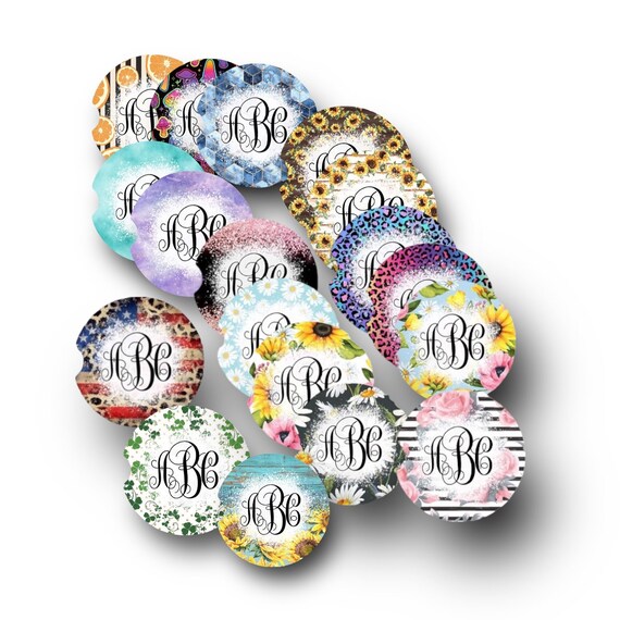 Monogrammed Car Coasters - Gifts for Women - Floral Mothers Day, Easter, Summer Bar Drink Decor - BOHO Gift for Her -Garden Tea Party Favors