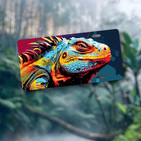Iguana License Plate - vibrant watercolor lizard Pop Art artwork - Aluminum Sublimated Car Tag - Reptile, Herp Lovers - Gift for Him