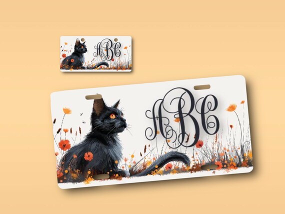 Personalized Black Cat Car Tag - Fall License Plate - Monogrammed Gift, Pet Memorial - Luggage Tag, Handicapped Wheelchair Plate - Rescue