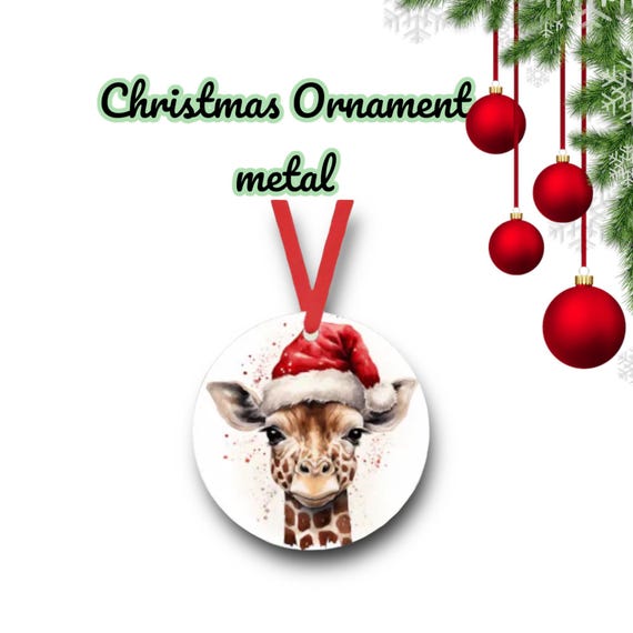 Giraffe Christmas Ornament - Santa giraffe - metal holiday Gift Tag - Zoo animal kids room decor - African safari - Personalized custom gift