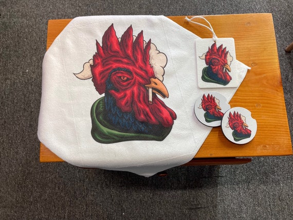 Gag Gift Rooster Car accessories - Naughty Smoking Cock- Farmhouse Man Cave Decor - Coasters, air freshener, towel - Dad Gift for Him