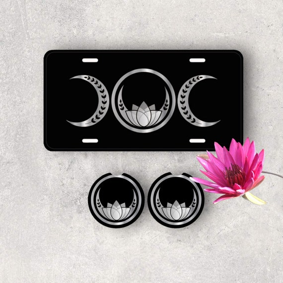 Lotus Car Accessories - Silver Moon Phases Car Tag - Wiccan, Pagan, Nature, Yoga - Girl Power, Women’s Empowerment - Birthday Gift for Her