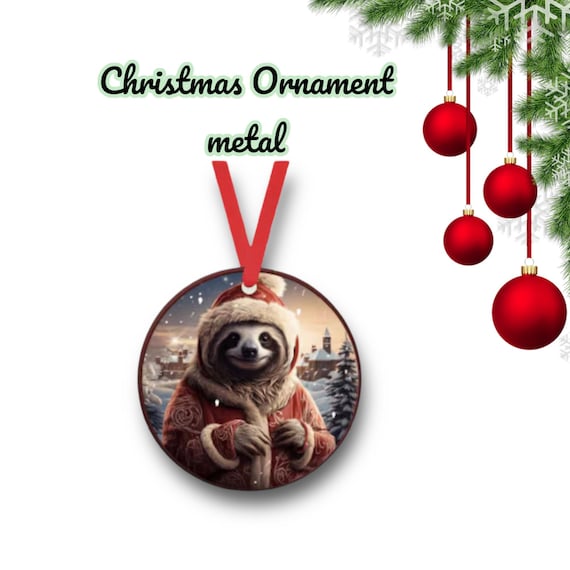 Santa Sloth 5 Christmas Ornament - cute zoo animals - metal holiday Gift Tag - Party Favors - whimsical Winter Kids room decor