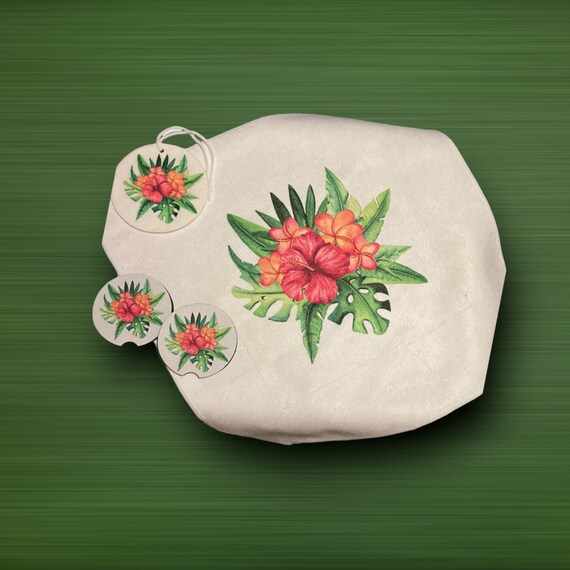 Tropical Hawaiian Floral Car accessories -  Vibrant Summer Flowers - Coasters, Towel, Air Freshener - Easter, Mothers Day, Birthday for her.