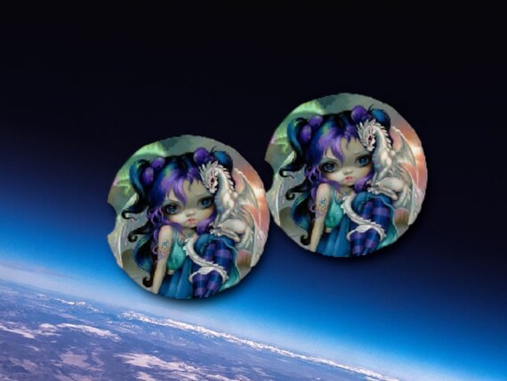 Frost Dragon Car Coasters - Gothic fantasy Fairy - baby Dragonling, Northern Lights - Birthday Gift for Teen Girl - DND Party Favors