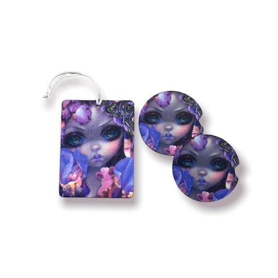 Floral Car Accessories - Iris Flowers Gift Set for Her - Anime Gothic Fantasy - Easter, Mother’s Day -Coasters, Air Freshener- Purple Irises