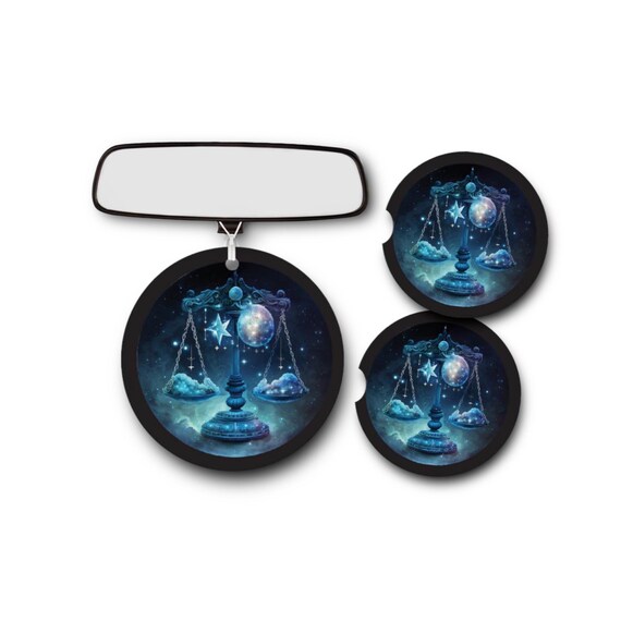 Libra Zodiac car Accessories Gift Set - Coasters, Air Freshener - Scales of Justice, Balance - Celestial Constellation 7th Sign, Air element