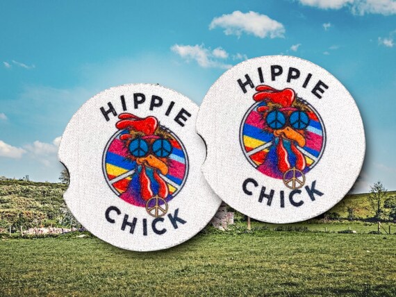 Hippie Chick Car Coasters - Vintage Barn yard Humor, Funky Retro Disco Fashion  - Funny Birthday Gag Gift for Her - Bar Drink Coasters