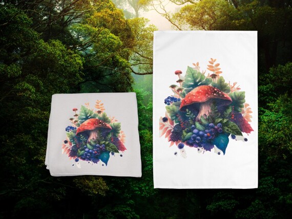 Mushroom B towel - Cottage Woodland Farmhouse Kitchen - microfiber car cloth, Bar Rag - Computer Screen Cleaner - Nature Fairy garden