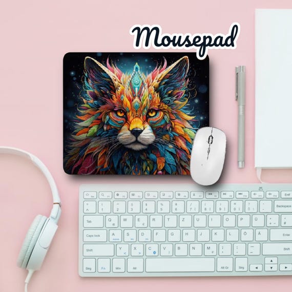Wild Cat Mouse Pad - Psychedelic Fantasy Watercolor Art -Norse Viking Warrior Maine Coon Kitten -Cat Lover Birthday Gift -Laptop Accessories