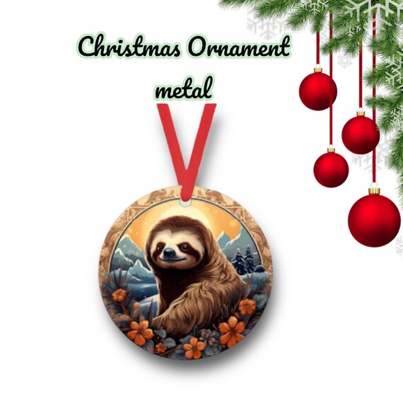 Santa Sloth 9 Christmas Ornament - cute zoo animals - metal holiday Gift Tag - Party Favors - whimsical Winter Kids room decor