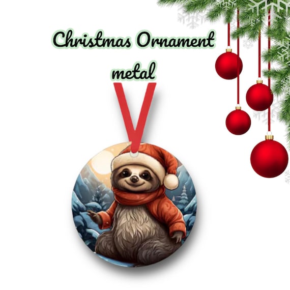 Santa Sloth 3 Christmas Ornament - cute zoo animals - metal holiday Gift Tag - Party Favors - whimsical Winter Kids room decor
