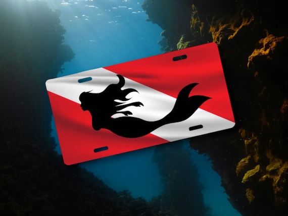 Mermaid License Plate - Metal Indoor Outdoor Scuba Diver Down Sign - Car, Boat Tag - ATV, Golf Cart, Bike Plate, Mini sign - Pool Decor