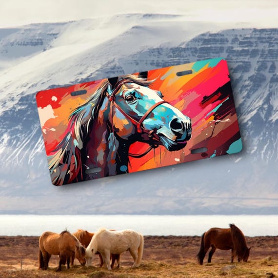 Horse License Plate - Pop art watercolor - Aluminum Sublimated Car Tag- Metal sign - Christmas Gift for Her - Kids Bike, Teen Room Decor