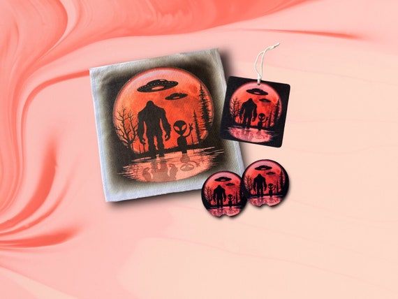 Sasquatch Bigfoot, Alien, UFO Car Accessories Gift Set - Kitchen Bar Man Cave Decor - Mythical Beasts - Cryptid Hunter - Red Gift for Him