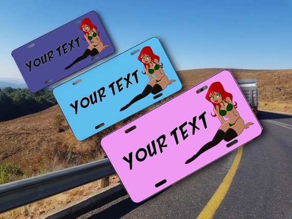 Custom Personalized License Plate - Sexy Redhead Pinup - Retro Trucker Mudflap Girl - Funny Birthday Gag gift for Him - Boyfriend Car Tag