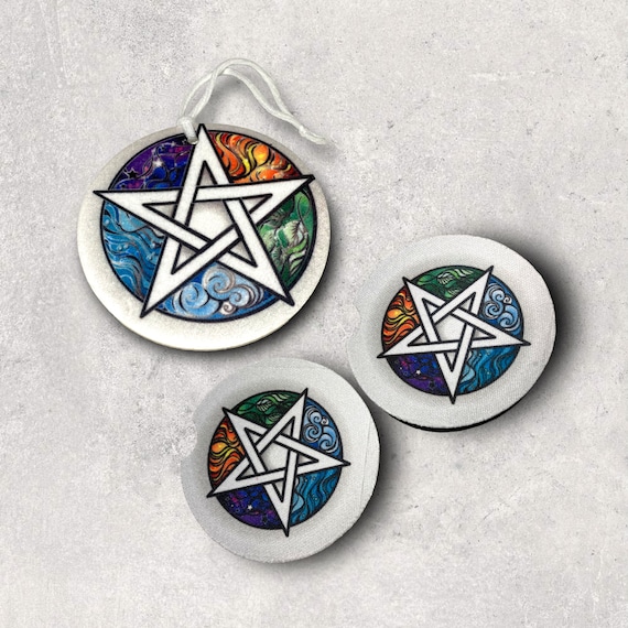 Pentagram Car Accessories - Celtic Knot Nature Earth Elements Coasters, Air Freshener 3pc set - Witch, Wiccan Decor - Birthday gift for Her