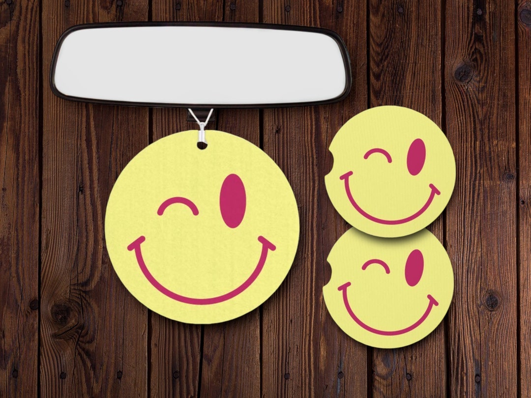 Yellow Winking Smiley Face Emoji Car Accessories 3pc Set - Retro Drink ...