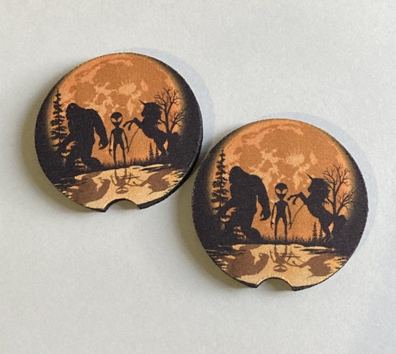 Bigfoot Car coasters - Sasquatch, Alien, Unicorn Decor- Neoprene Drink Coasters- Dad Birthday gift - UFO Bar Accessories - Cryptid Coasters