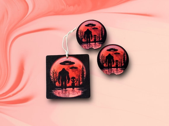 Sasquatch Bigfoot, Alien, UFO Car Accessories Gift Set - Yeti Coasters and Air Freshener - Mythical Beasts - Cryptid Hunter - Gift for Him