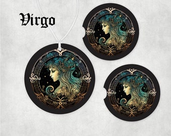 Virgo Birthday Zodiac sign car Accessories - Coasters, Air Freshener - The Virgin, Maiden Celestial Constellation 6th Sign, Earth element