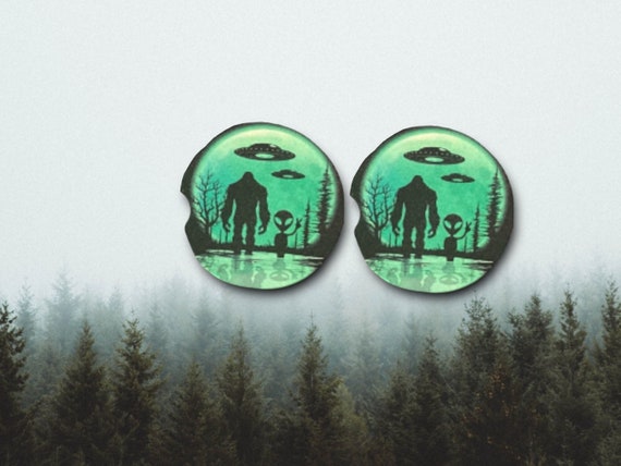 Bigfoot Alien UFO Car Coasters -Sasquatch drinkware Bar Coasters - Cryptid Hunter - Dad Gift for Him